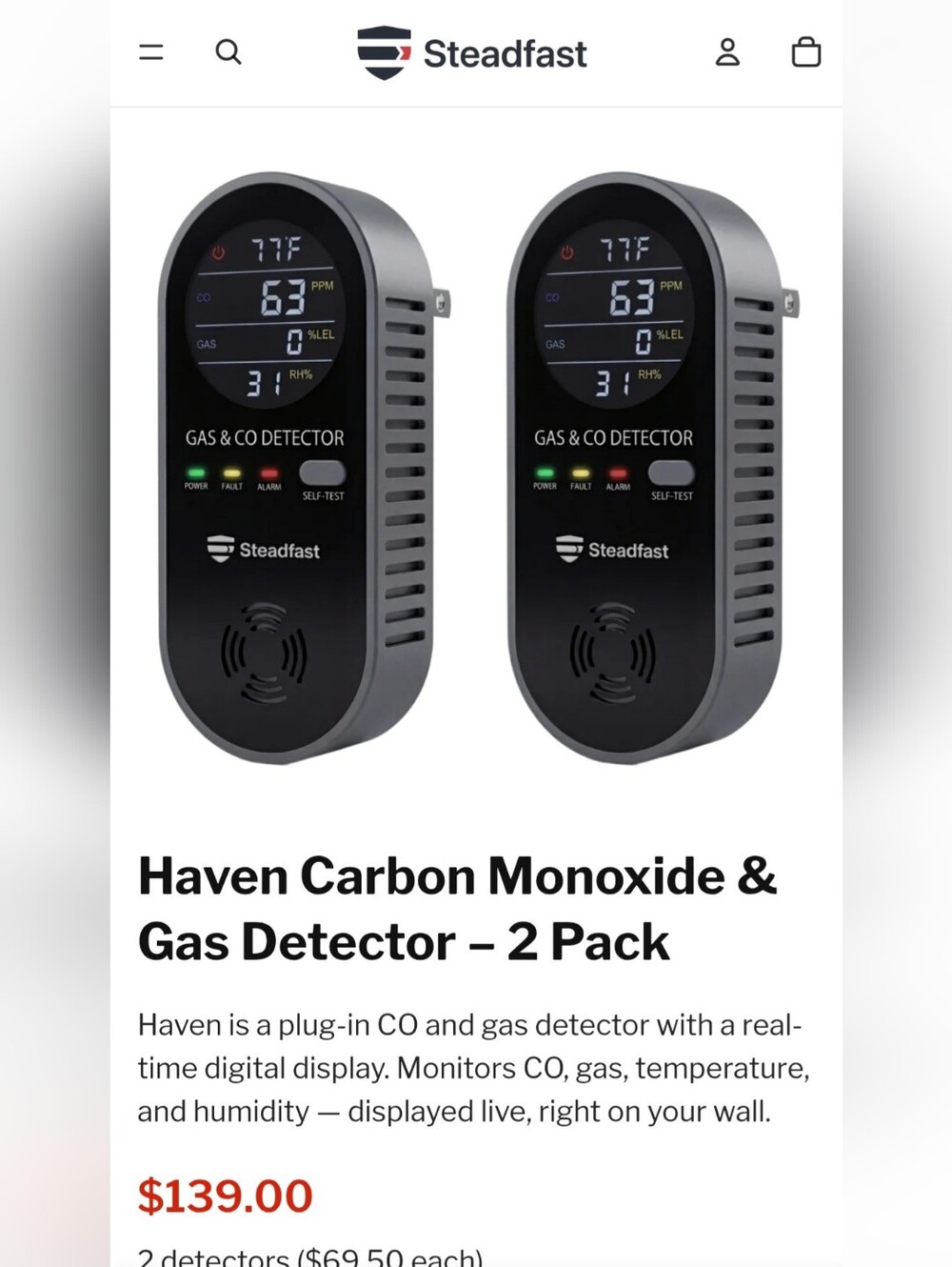 Haven Carbon Monoxide & Gas Detector — Black (2 Pack)